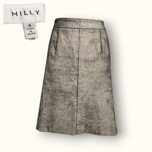 Milly Size 6 Black White Straight Mini Skirt Vegan Faux Leather Back Zip Cracked